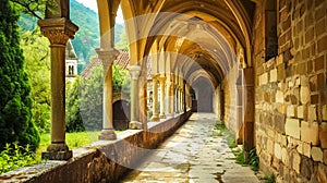 Serene monastery cloister in lush valley