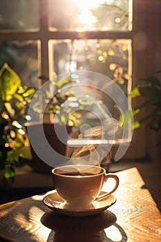 Serene Morning Coffee by Sunny Window in Cozy Setting