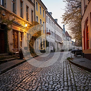 Serene Morning on a Colorful Cobblestone Street