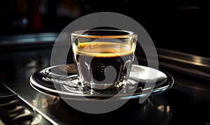 A Serene Morning: A Cup of Coffee Resting on a Delicate Saucer. A cup of coffee sitting on top of a saucer