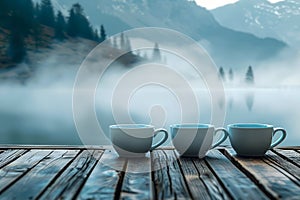 Serene Morning by the Lake with Three Cups on Wooden Pier, Misty Mountains and Tranquil Water Backdrop, Peaceful Nature Scene