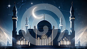 Serene Mosque Under a Starry Sky with Crescent Moon Above photo