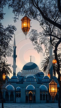 Serene Mosque View with Hanging Lanterns Among Tree Canopies