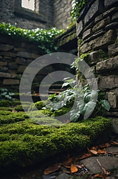 Moss Covered Stone Steps in Old Ruins