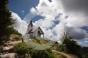 serene mountain chapel with clear blue skies and fluffy clouds overhead