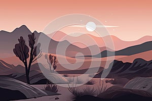 A serene mountain desert landscape depicted in a minimalist illustration. Sunset soft and muted colors. Generative AI