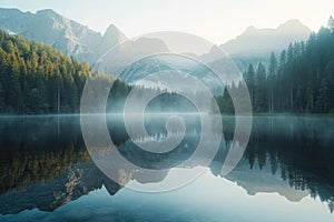 Serene Mountain Lake at Sunrise, Nature Landscape