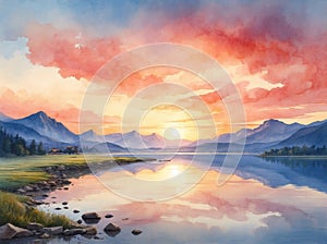 Serene mountain lake sunset watercolor painting