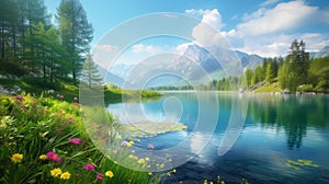 Serene Mountain Lake Surrounded by Lush Forest and Snow-Capped Peaks at Midday