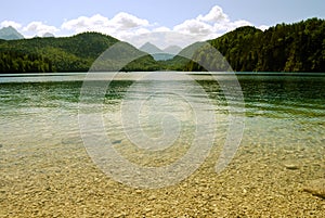 Serene mountain lake with transparent water