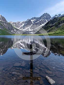 Serene mountain lake with wooden cross reflection photo