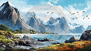 Serene Mountain Landscape In Lofoten: Digital Art Illustration