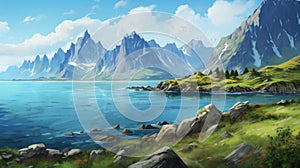 Serene Mountain Landscape In Lofoten - Digital Background Paper