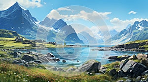 Serene Mountain Landscape In Lofoten - Digital Background Paper