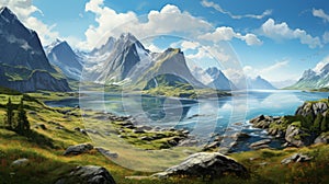 Serene Mountain Landscape In Lofoten - Digital Background Paper