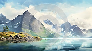 Serene Mountain Landscape In Lofoten: Digital Painting By Philip Evergood