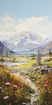 Serene Mountain Landscape Painting With Waterfalls And Wild Flowers