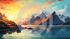 Serene Mountain Landscape: Sun Scene Digital Background Paper