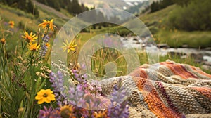 A serene mountain meadow dotted with wildflowers where visitors can lay down on a soft fleece blanket and doze off to photo