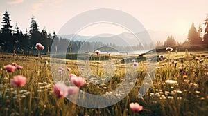 Serene Mountain Meadow With Pink Flowers And Pine Trees At Sunset