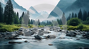 Serene Mountain River Flowing Through Foggy Mountains