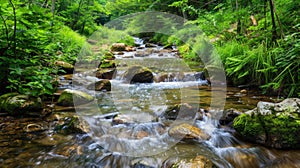 Serene mountain stream flowing through lush forest