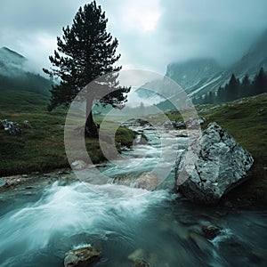 Serene mountain stream with tree and misty landscape in tranquil valley photo
