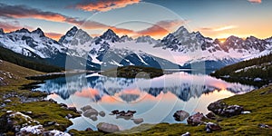 Serene Mountain Vista. Capture a breathtaking sunrise over snow-capped mountains