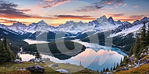 Serene Mountain Vista. Capture a breathtaking sunrise over snow-capped mountains