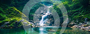 Serene mountain waterfall into a tranquil pool, surrounded by lush greenery under soft sunlight