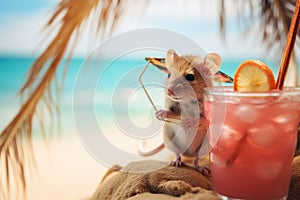Serene Mouse beach vacation sunset. Generate Ai