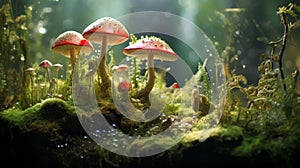 A Serene Mushroom Gathering in a Mossy Forest