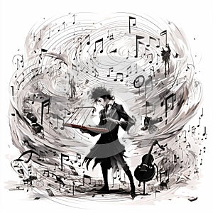 Serene Music Conductor Holding Giant Quill as Baton in Black and White Illustration photo