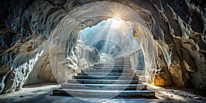 A Serene and Mystical Descent Luminous Cave Entrance with a Grand White Marble Staircase Leading to an Illuminated photo
