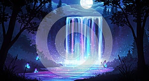 A serene, mystical waterfall flows under a luminous full moon, casting a soft glow photo