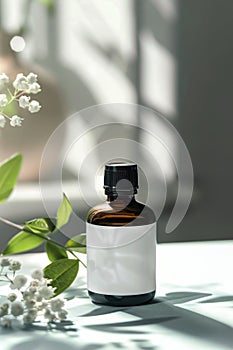 Serene Natural Essential Oil Bottle with White Blooms