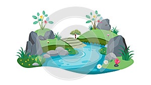 Serene Natural Landscape with Flowing River and Green Hills, vector design Generative AI