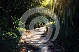 Serene Nature bamboo path. Japan forest art photo