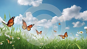 Serene Nature Grasslands with Butterflies Against a Cloudy Blue Sky Ai Generated