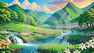 Serene nature mountain green valley simple landscape river