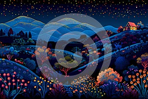 Night landscape with forest, mountains and blue sky. photo