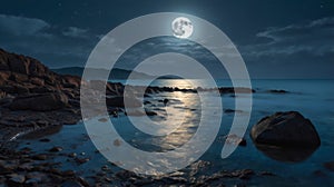 The image shows a night landscape with a full moon reflected in the water. AI genereted