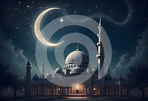 Serene night scene with crescent moon illuminating sky, mosque silhouette, Generative AI