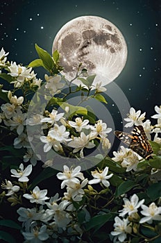 Serene Night Bloom: White Flowers, Full Moon, Butterfly