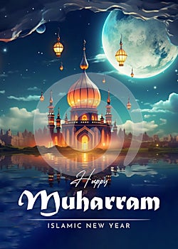 Happy Muharram or Islamic New Year Poster Design photo