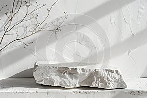 A serene, Nordic-style podium composition with textured branches casting delicate shadows, ideal for modern product