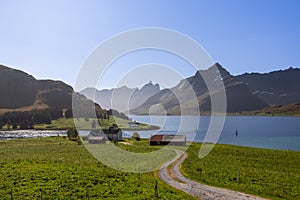 A serene Norwegian landscape with a curving path leading to a coastal farm under the clear skies of Lofoten