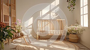 Serene Nursery Haven: A Wooden Cot Bed with Flowers in an Empty Sunlit Room