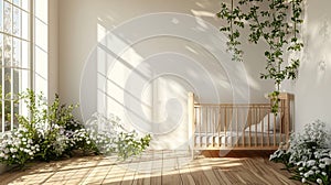 Serene Nursery Haven: A Wooden Cot Bed with Flowers in an Empty Sunlit Room