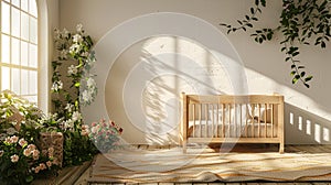 Serene Nursery Haven: A Wooden Cot Bed with Flowers in an Empty Sunlit Room